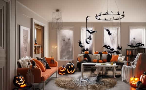 Spooky and fun, using dark colors, ghostly silhouettes, and thematic decor to create a haunted ambiance.