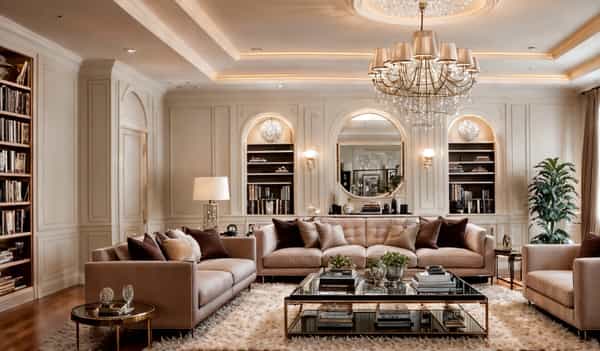 Luxurious, dramatic decor with plush fabrics and glittering accents for a touch of stardom.